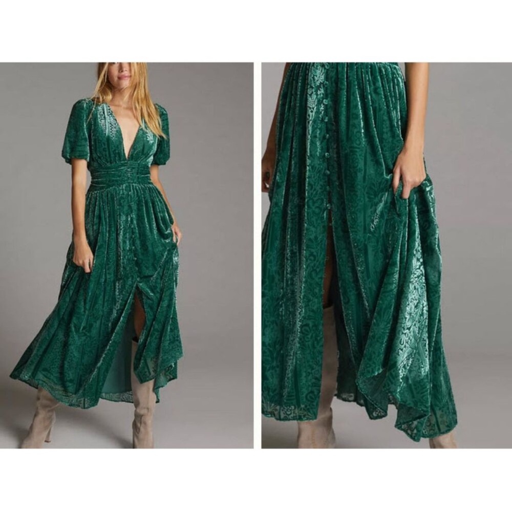 Anthropologie Puff Sleeve Burnout Green Velvet Maxi Dress NWOT